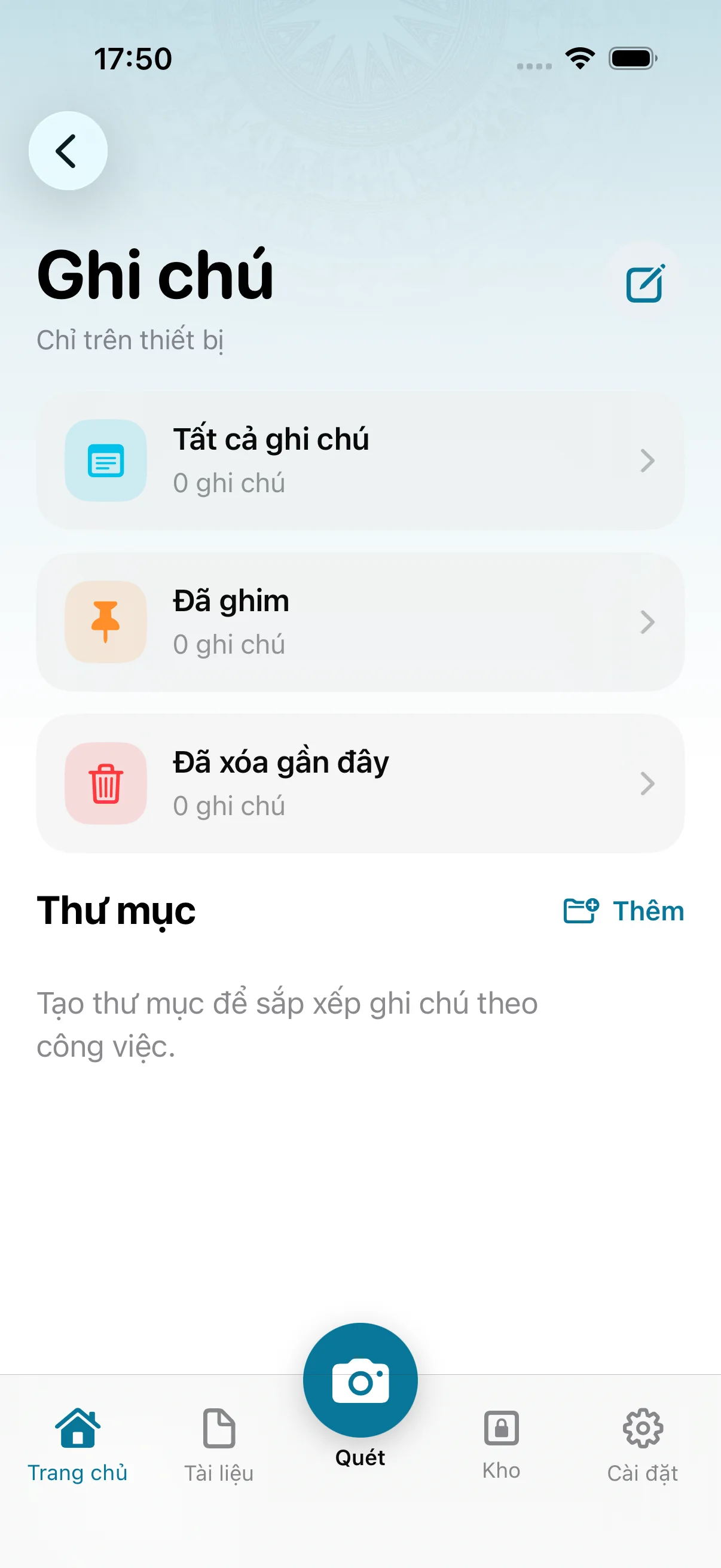 Màn hình Ghi chú của ezOffice với thư mục và ghi chú đã ghim