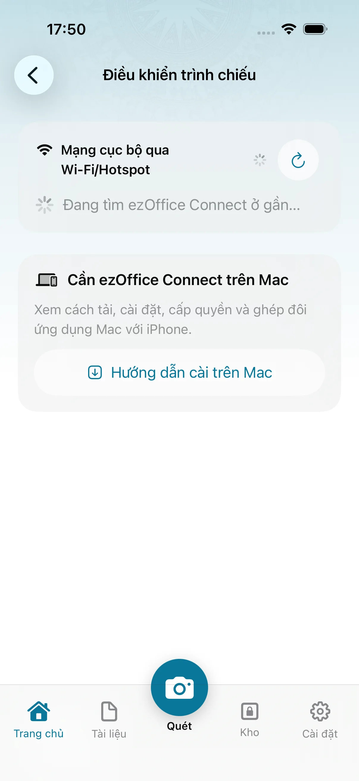 Màn hình Điều khiển trình chiếu của ezOffice kết nối Mac