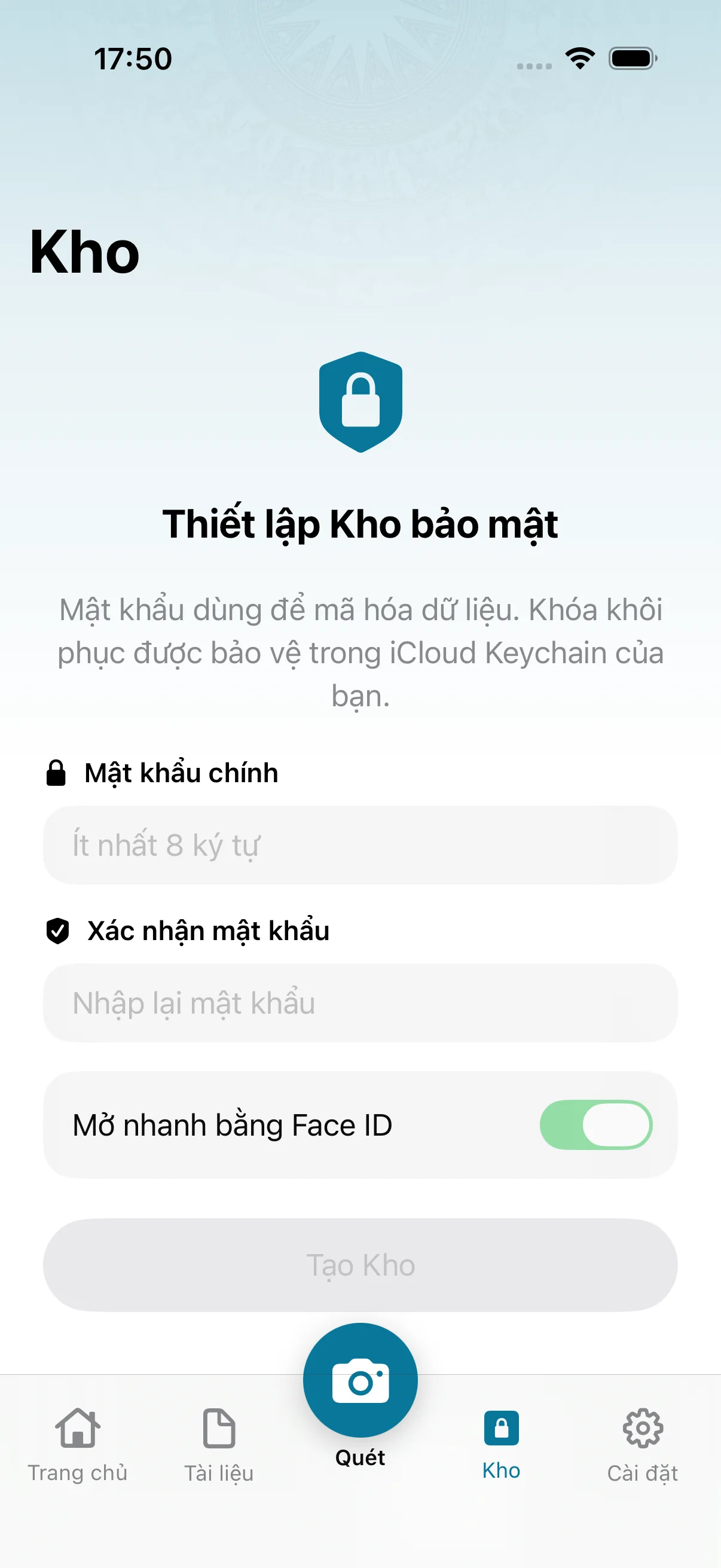 Màn hình thiết lập Kho bảo mật của ezOffice với Face ID